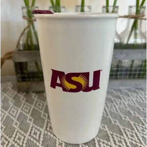 Starbucks ASU Ceramic Coffee Mug. Plastic lid. 12 fl oz. Red, yellow and White.